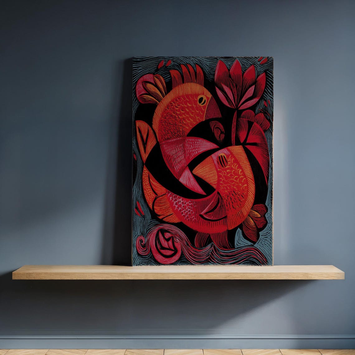Bold Red Fish Pair Folk Graphic Woodcut Style Abstract Wall Poster
