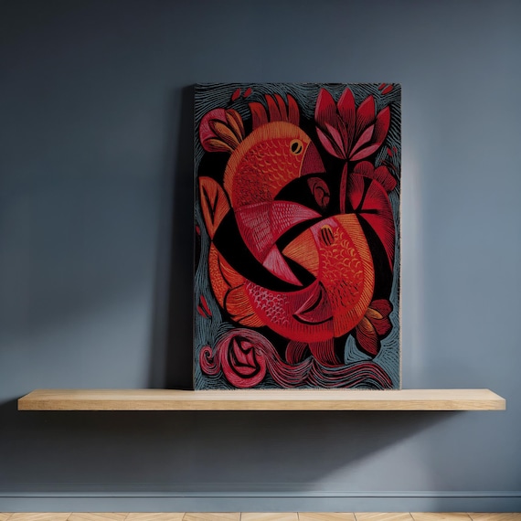 Bold Red Fish Pair Folk Graphic Woodcut Style Abstract Wall Poster