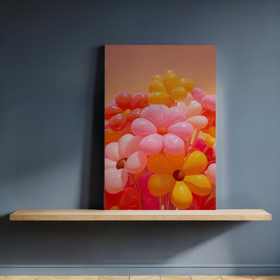 3D Balloon Flower Canvas Glossy Pink Orange Blossom Wall Art