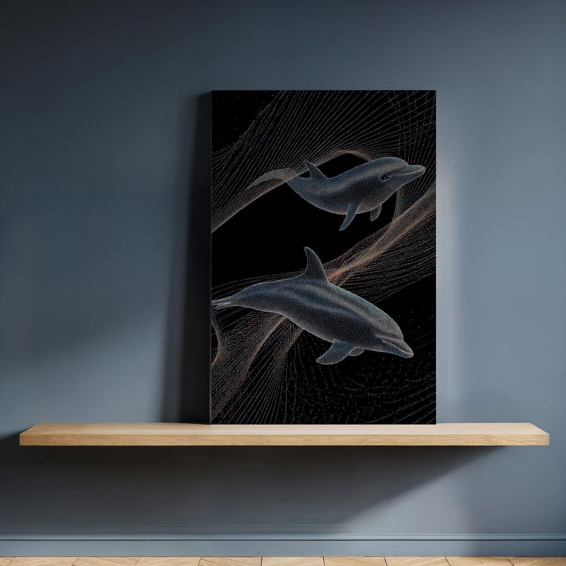 Dolphin Pair Line Art Print Black Ocean Glowing Wave Night Canvas