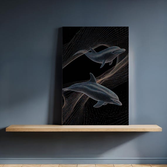 Framed Dolphin Canvas Wall Art Glowing Underwater Duo On Black Futuristic Ocean Scene Gift For Nautical Or Coastal Kitchen Decor