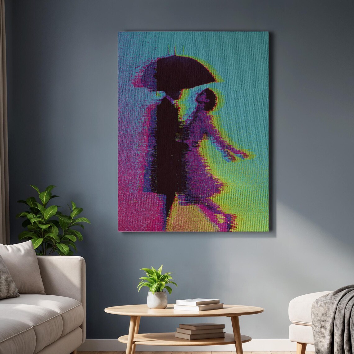Neon Glitch Couple Under Umbrella Rainy Night Art Poster for Living Room Walls