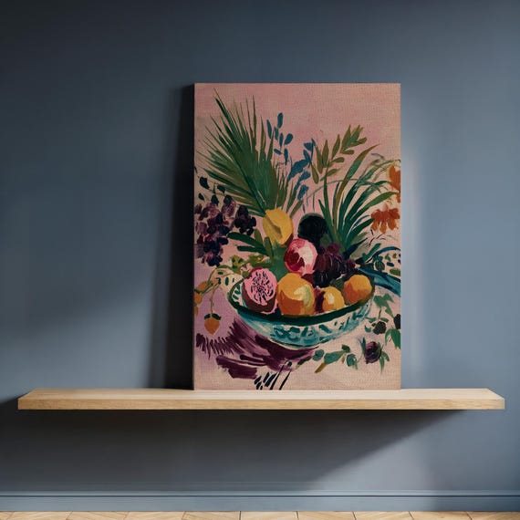 Tropical Fruit Bowl Canvas Wall Art Colorful Still Life Painting With Palm Leaves Framed Kitchen Decor For Lively Dining Interiors