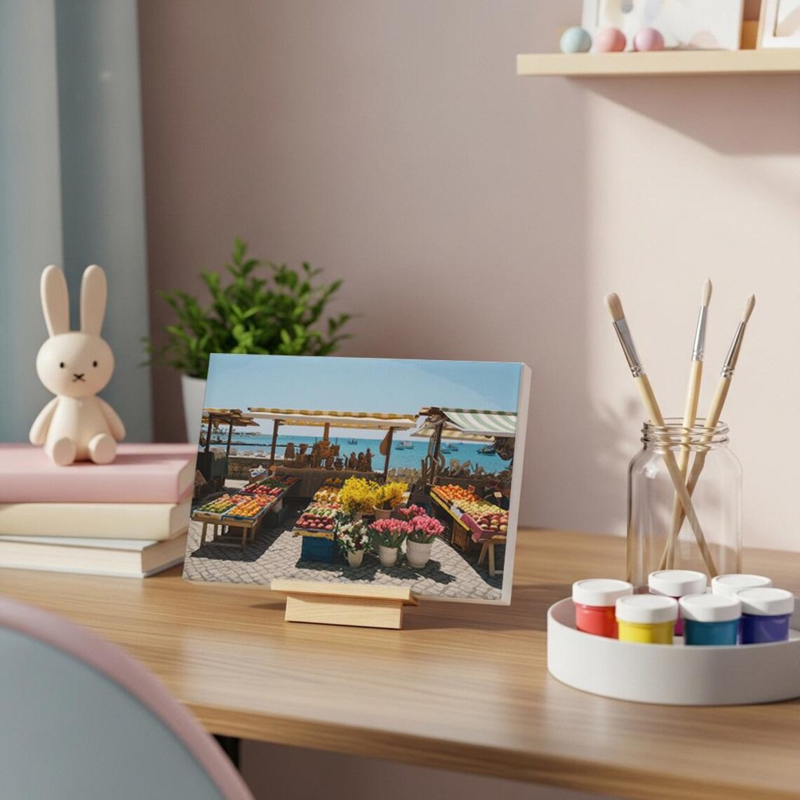 Seaside Outdoor Market Fruit and Flower Stalls Sunny Day Poster