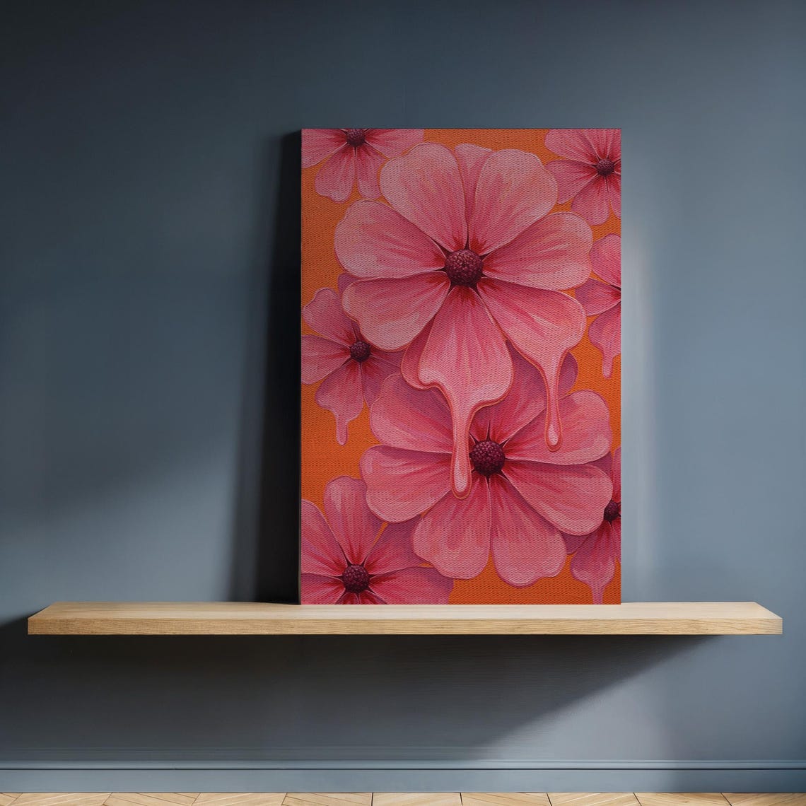Melting Pink Flowers Surreal Canvas Dripping Blooms Orange Wall Art