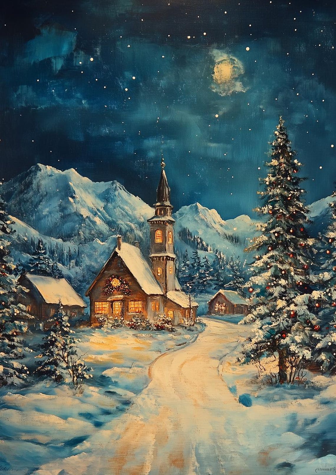 Charming Winter Wonderland Print Inspired By Thomas Kinkade Featuring Snowy Village And Starry Night Sky