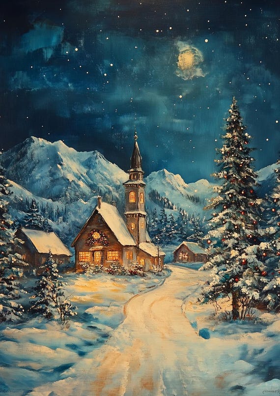 Charming Winter Wonderland Print Inspired By Thomas Kinkade Featuring Snowy Village And Starry Night Sky