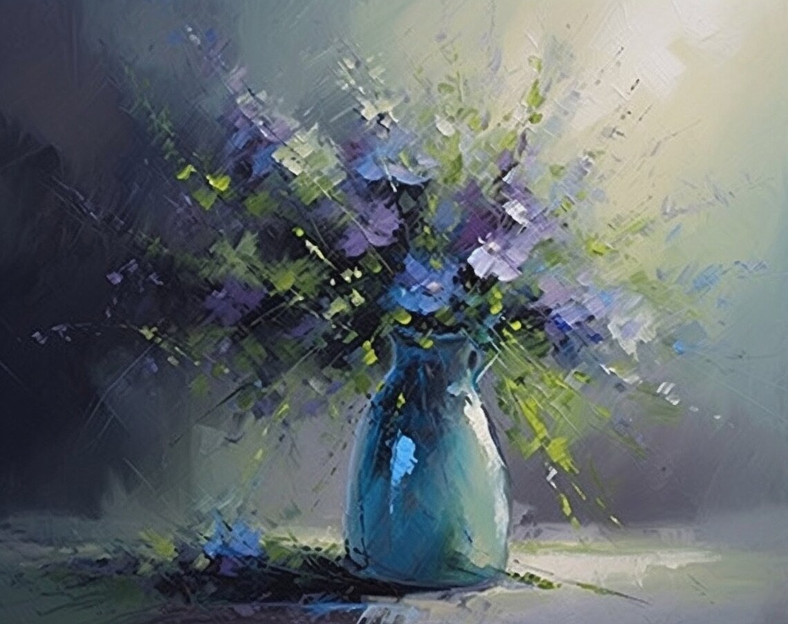 Dreamy Blue Glass Vase with Purple Flowers Moody Floral Poster