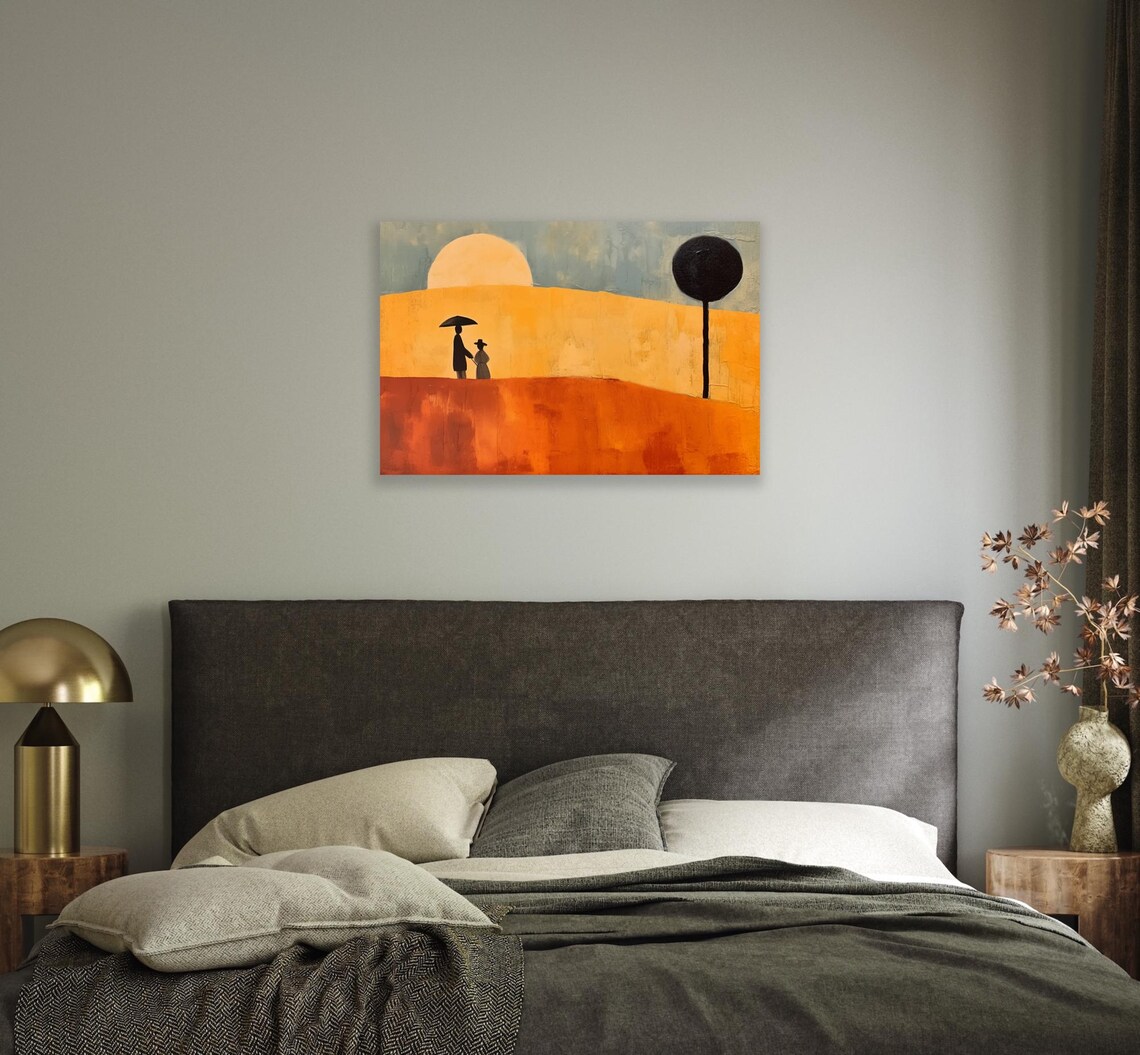 Minimalist Sunset Silhouette Couple Umbrella Orange Hills Art Poster - Image 2