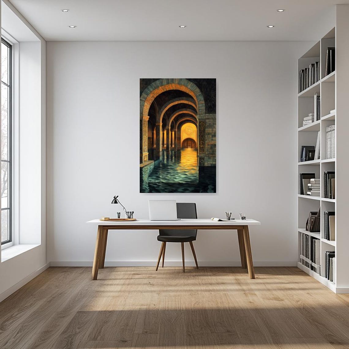 Flooded Ancient Vaulted Stone Hall Bathed in Warm Golden Light Poster - Image 3
