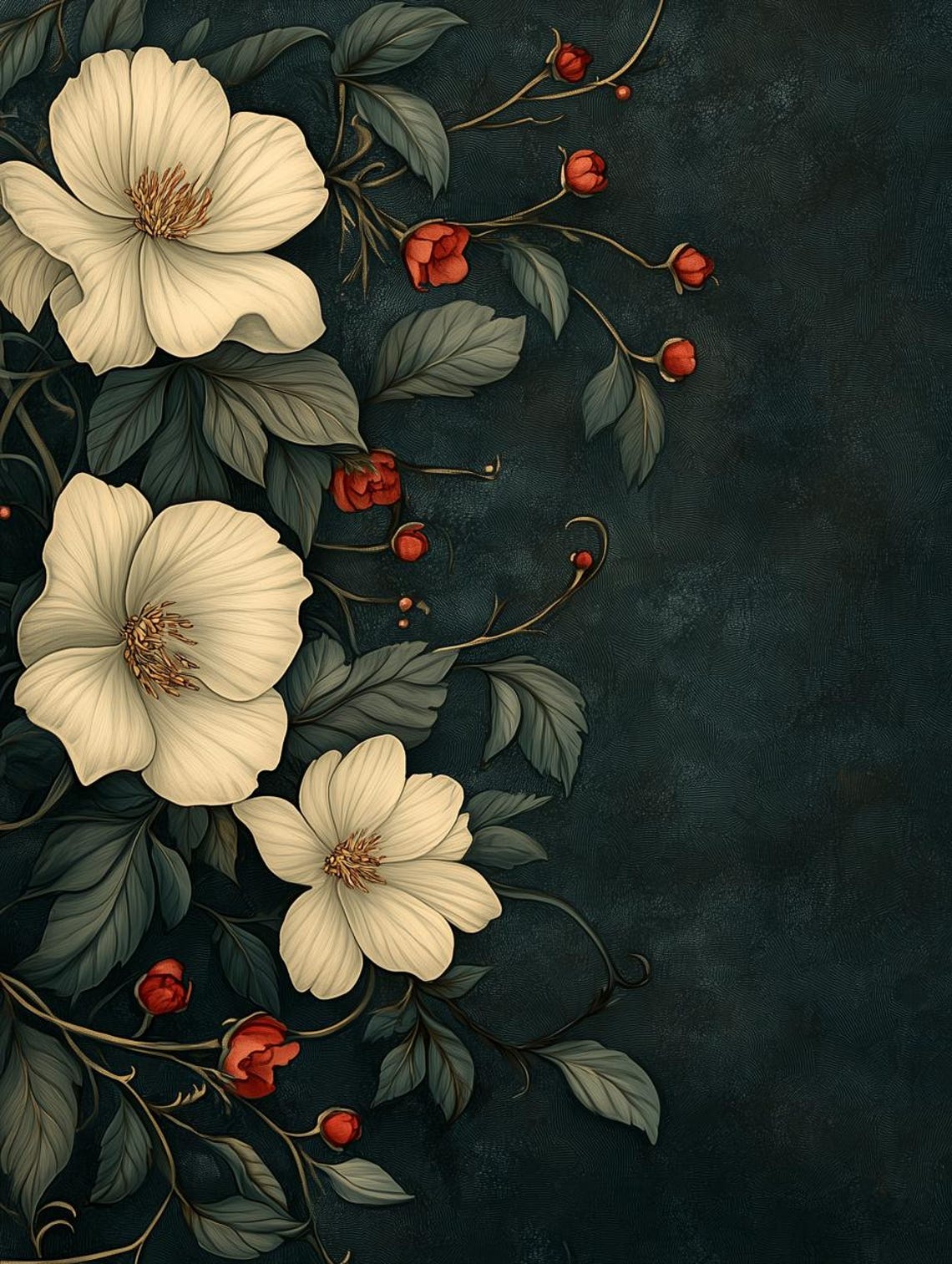 William Morris-Style White Flowers on Dark Teal Floral Poster