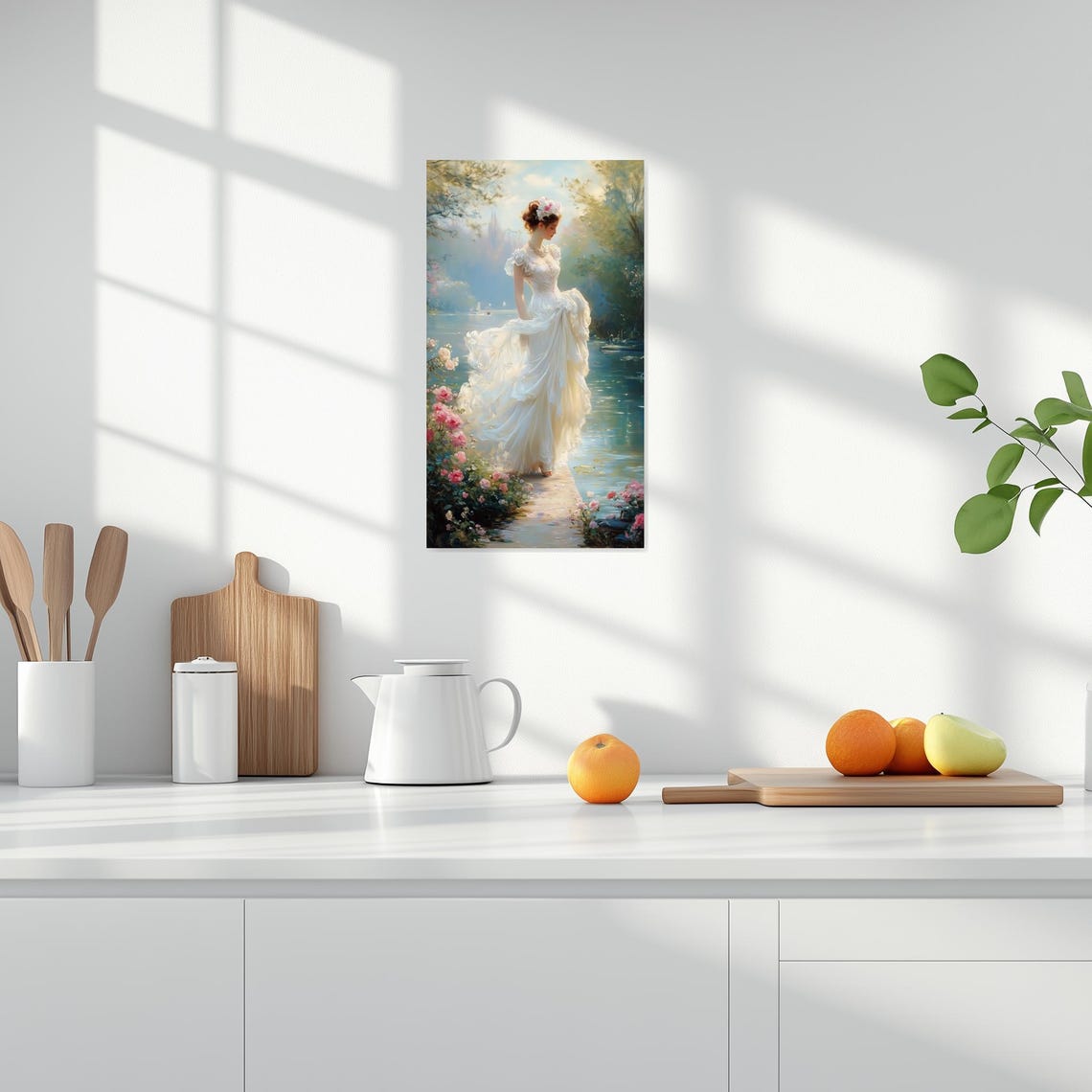 Elegant Lady White Gown Lakeside Rose Garden Romantic Poster - Image 2