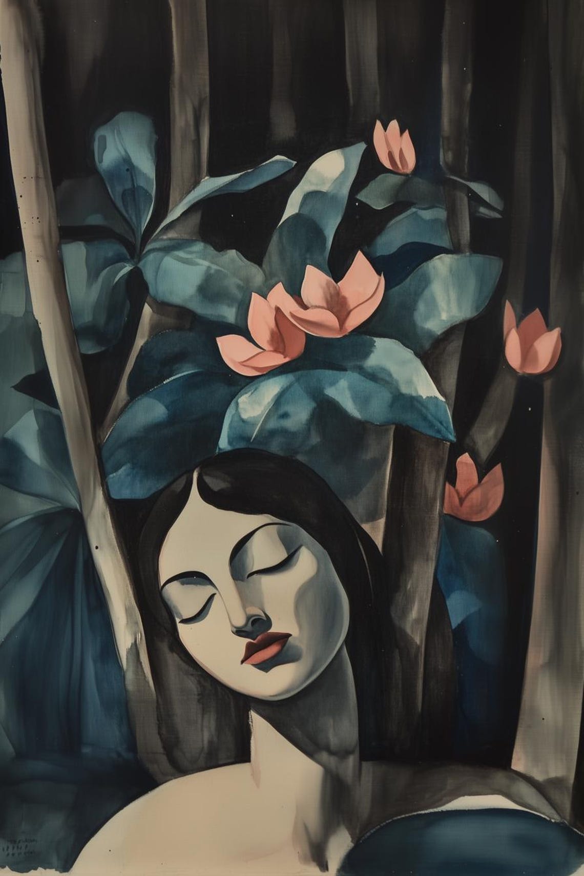 Serene Sleeping Woman Night Bloom Art Nouveau Portrait Poster
