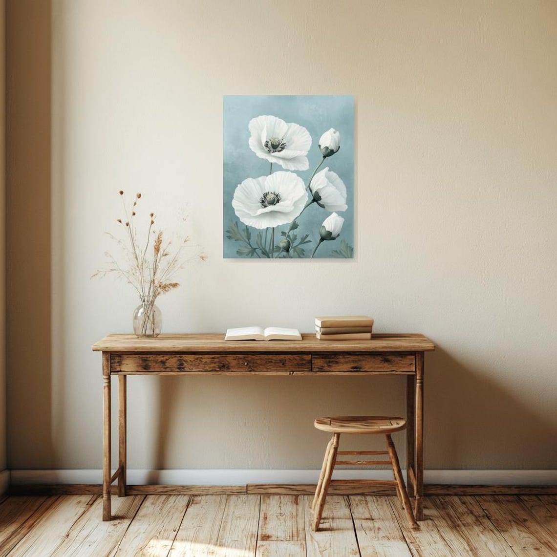 Serene Elegant White Poppies Soft Blue Floral Botanical Poster - Image 3