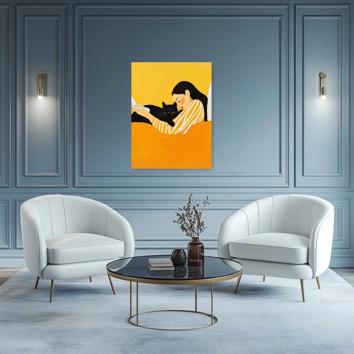 Cozy Woman Reading With Black Cat Golden Yellow Illustration Poster - Image 2