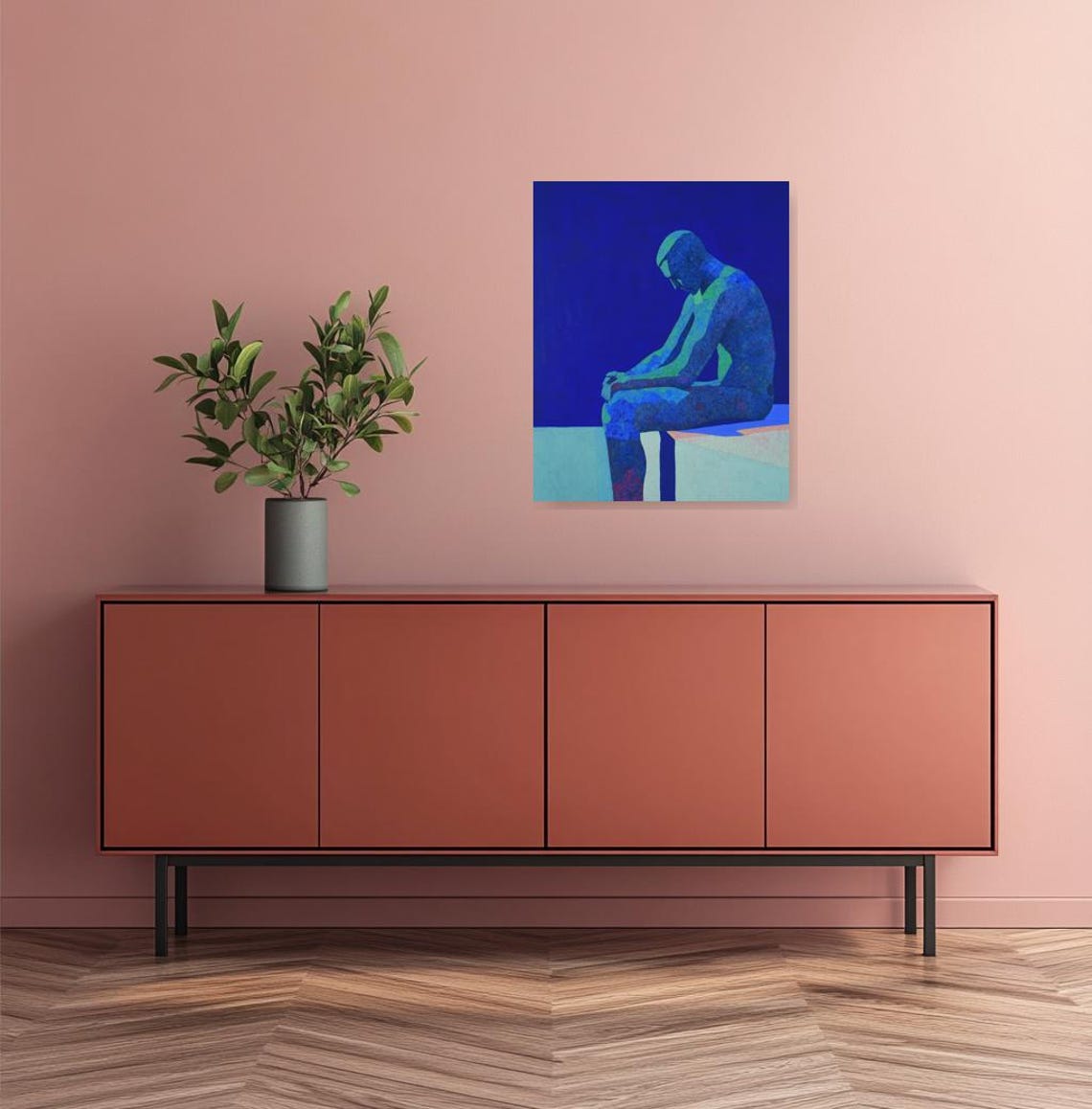 Contemplative Blue Figure Seated Quiet Modern Painting Art Poster - Image 2