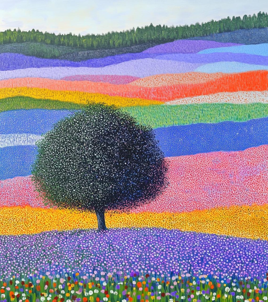 Pointillist Rainbow Flower Fields with a Single Lone Tree Poster