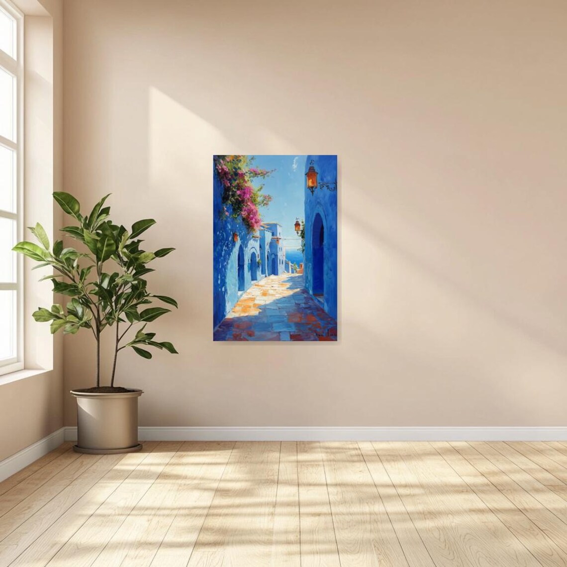 Bright Blue Mediterranean Alley with Bougainvillea and Sea Poster - Image 3