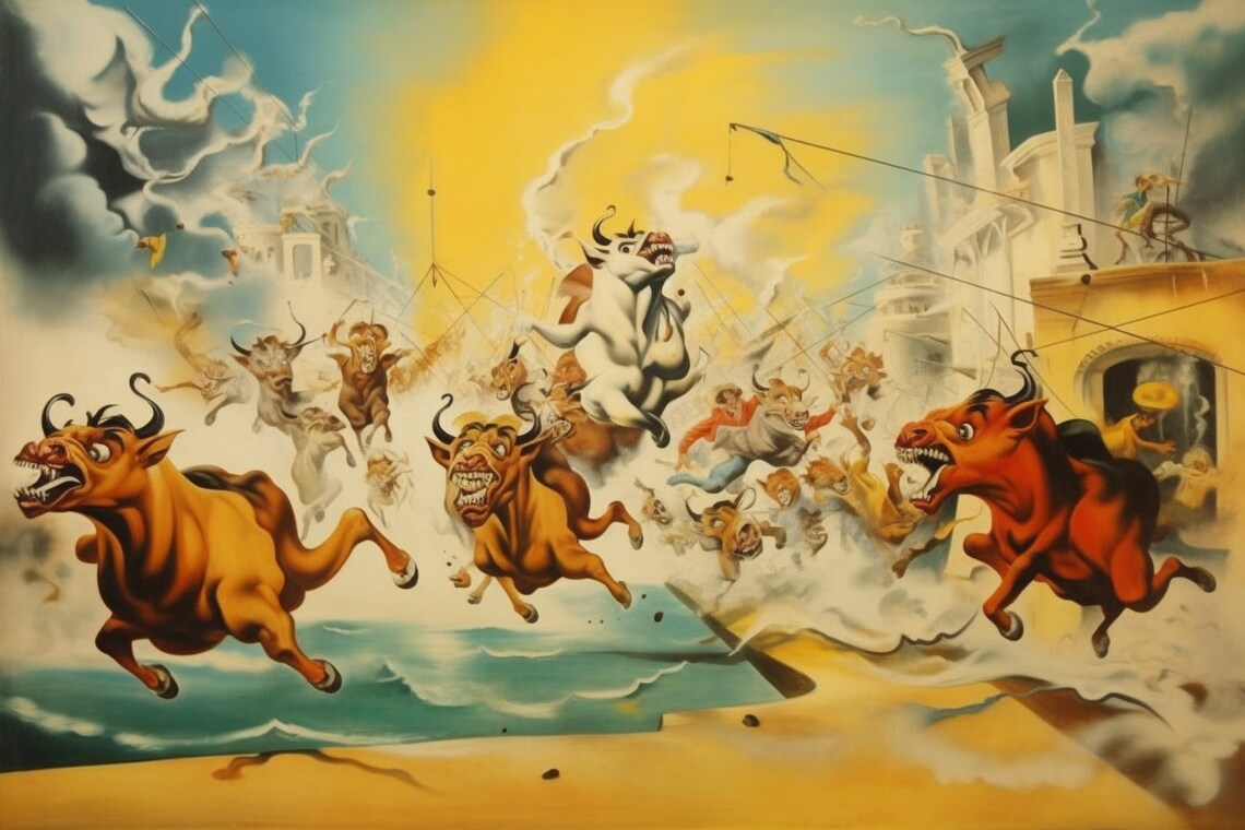 Surreal Bull Run Stampede Dreamlike Surrealist Painting Poster