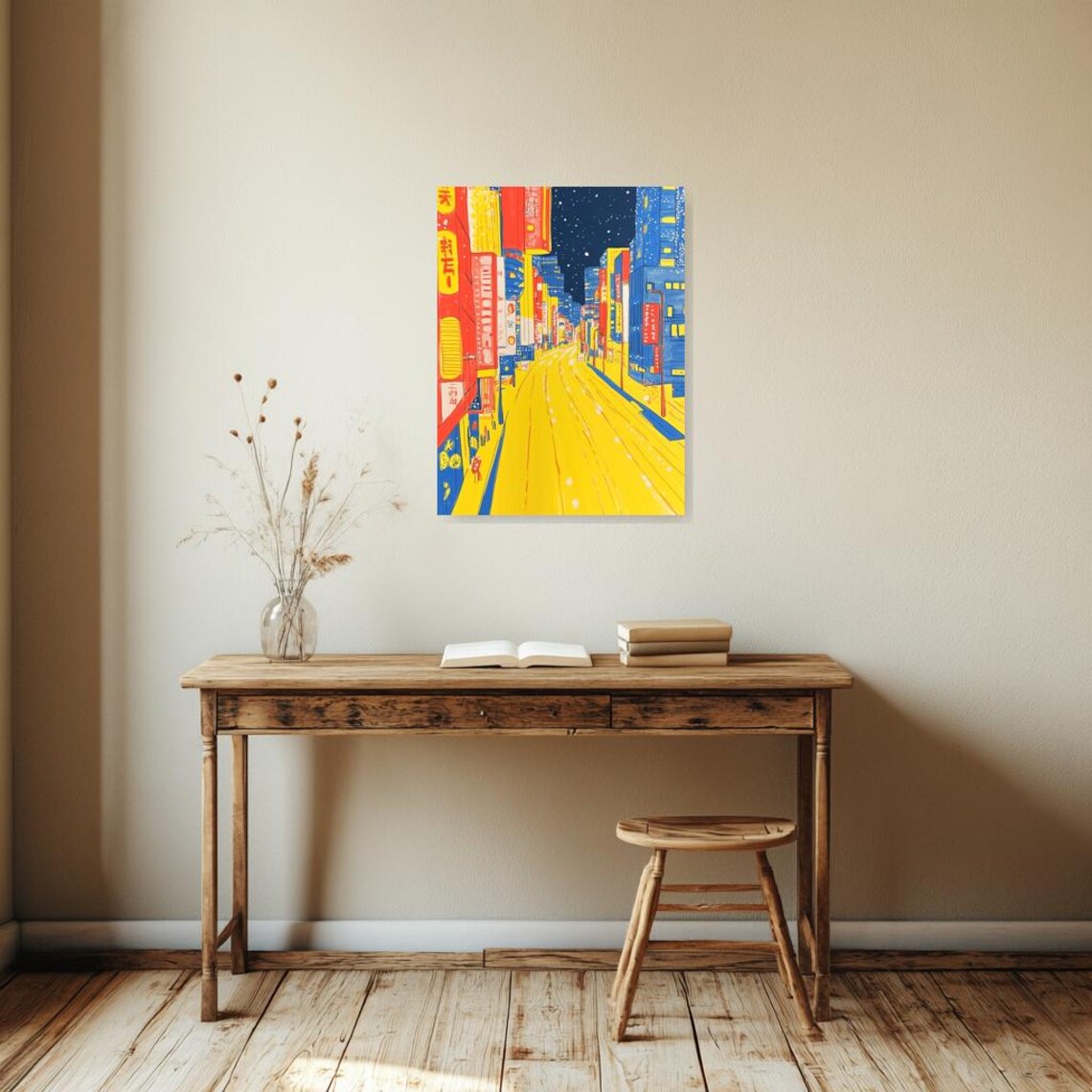Vibrant Neon City Street At Night In Yellow Blue And Red Tones Poster - Image 2