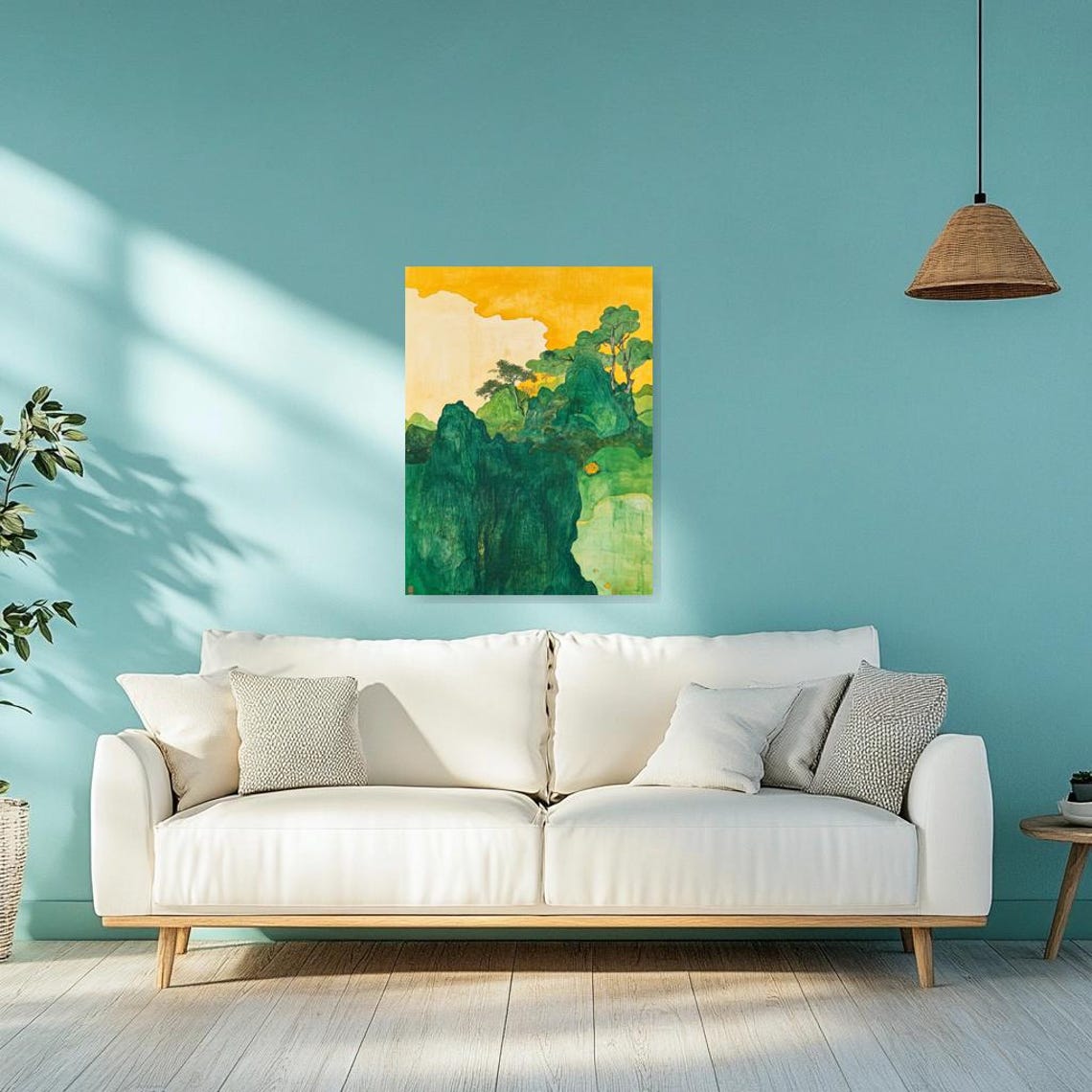 Emerald Mountain Peaks Beneath a Golden Sky Asian Landscape Poster - Image 2