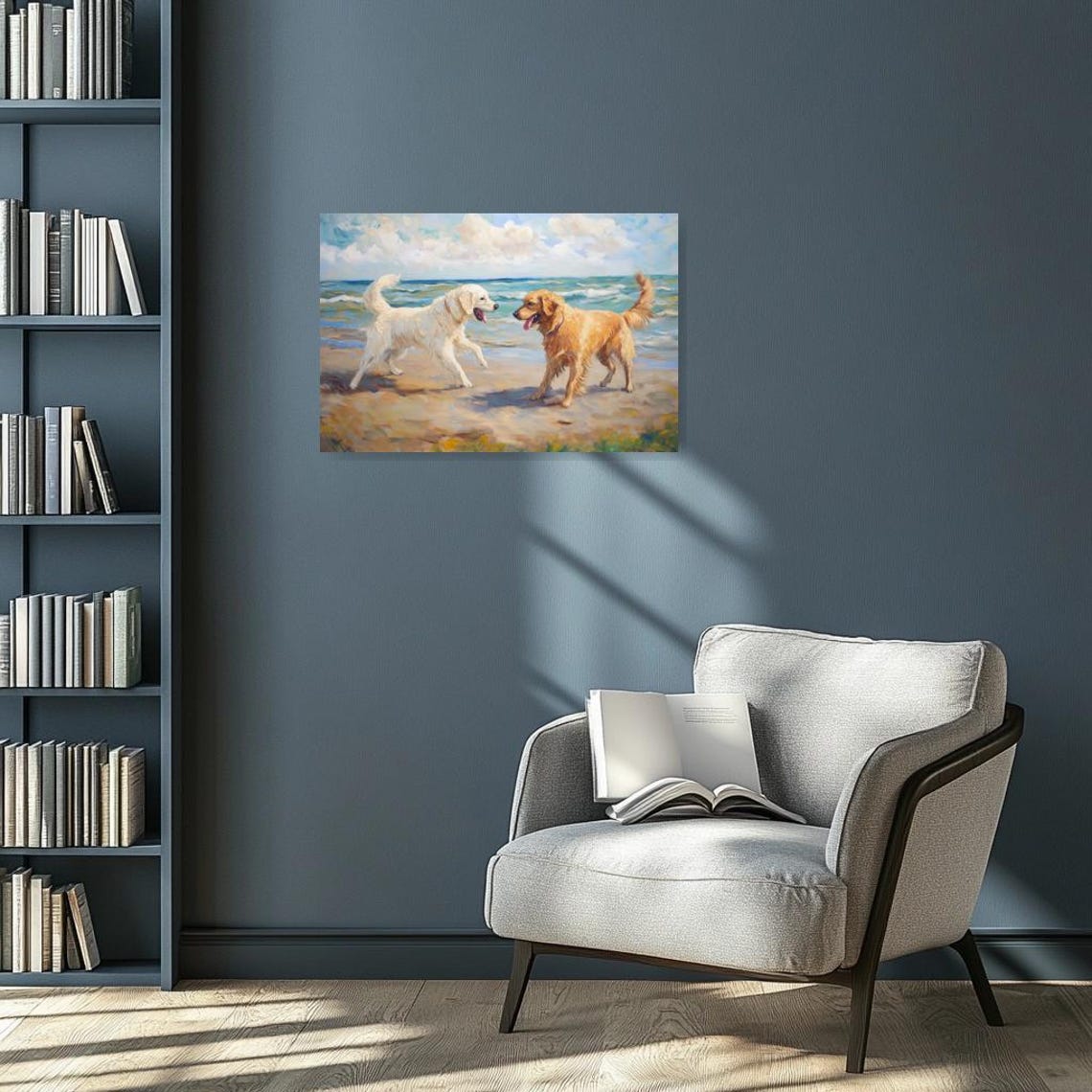 Two Playful Golden Retrievers on the Beach Impressionist Dog Poster - Image 2