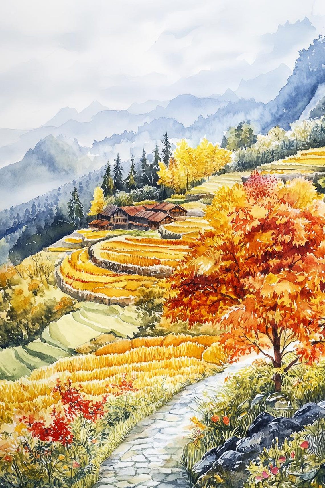 Rustic Golden Autumn Terraced Hills Village Watercolor Poster