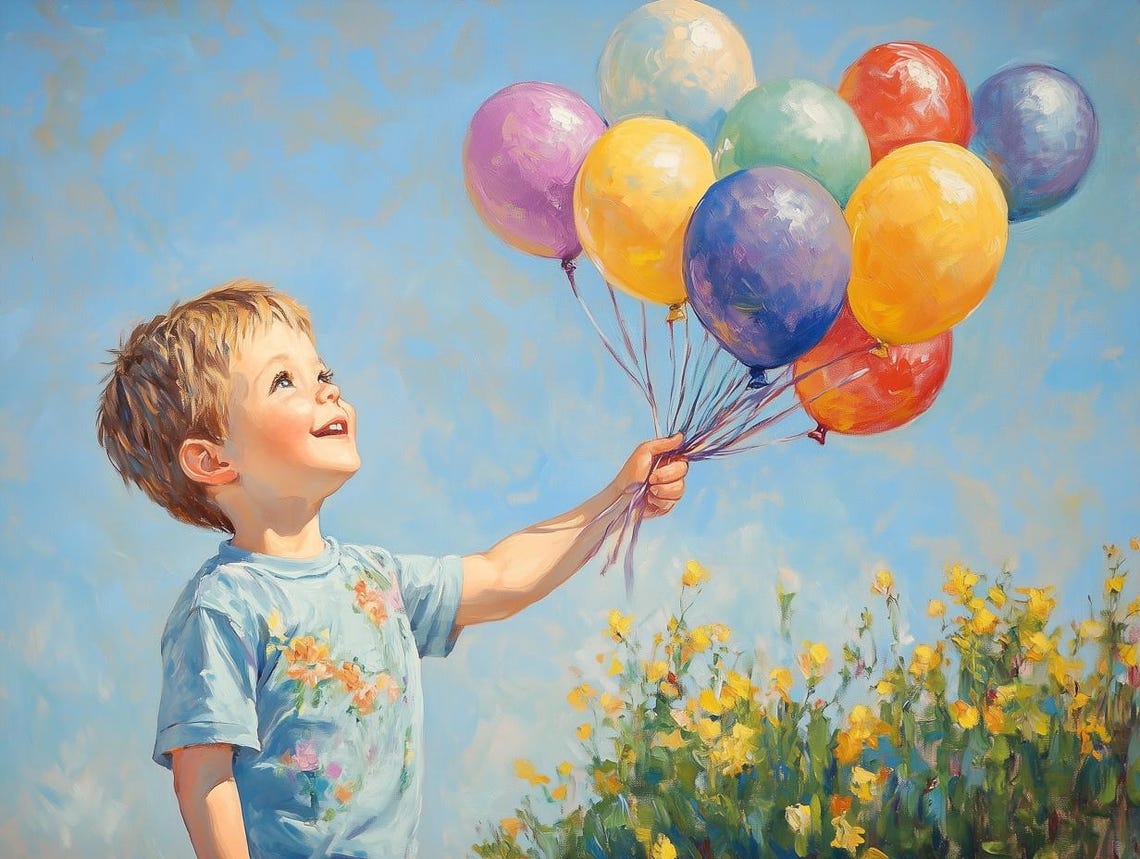 Joyful Boy Holding Colorful Balloons Impressionist Painting Art Poster