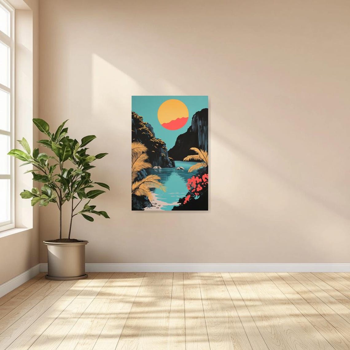 Tropical Lagoon Sunset With Cliffs and Palms Bold Graphic Art Poster - Image 3