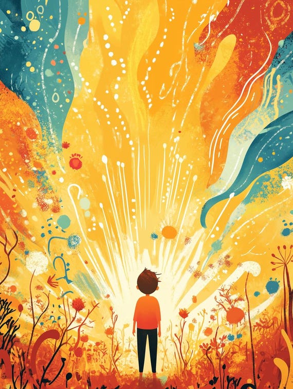 Whimsical Boy In Abstract Sunrise Print Vibrant Colors Wall Art Inspired By Modern Illustration