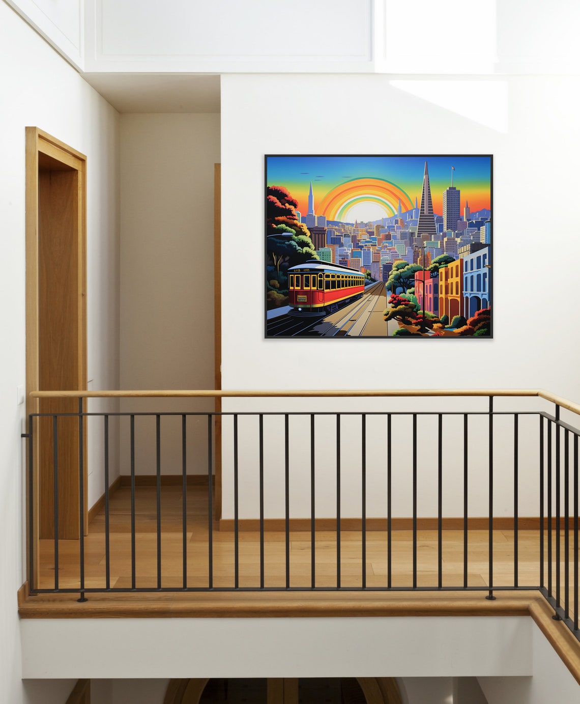 San Francisco Red Streetcar Rainbow Sunset Downtown Cityscape Poster - Image 2