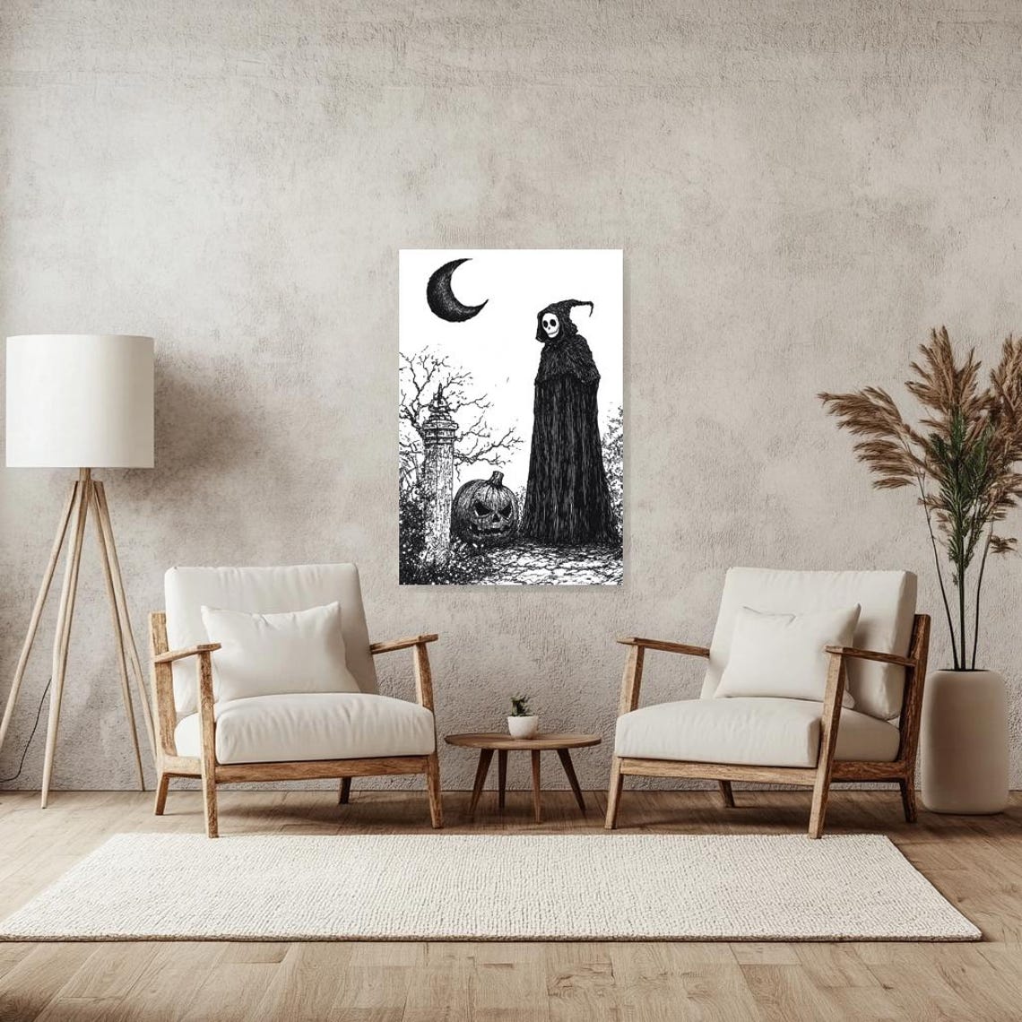 Gothic Halloween Reaper Jack-O-Lantern Crescent Moon Ink Poster - Image 2
