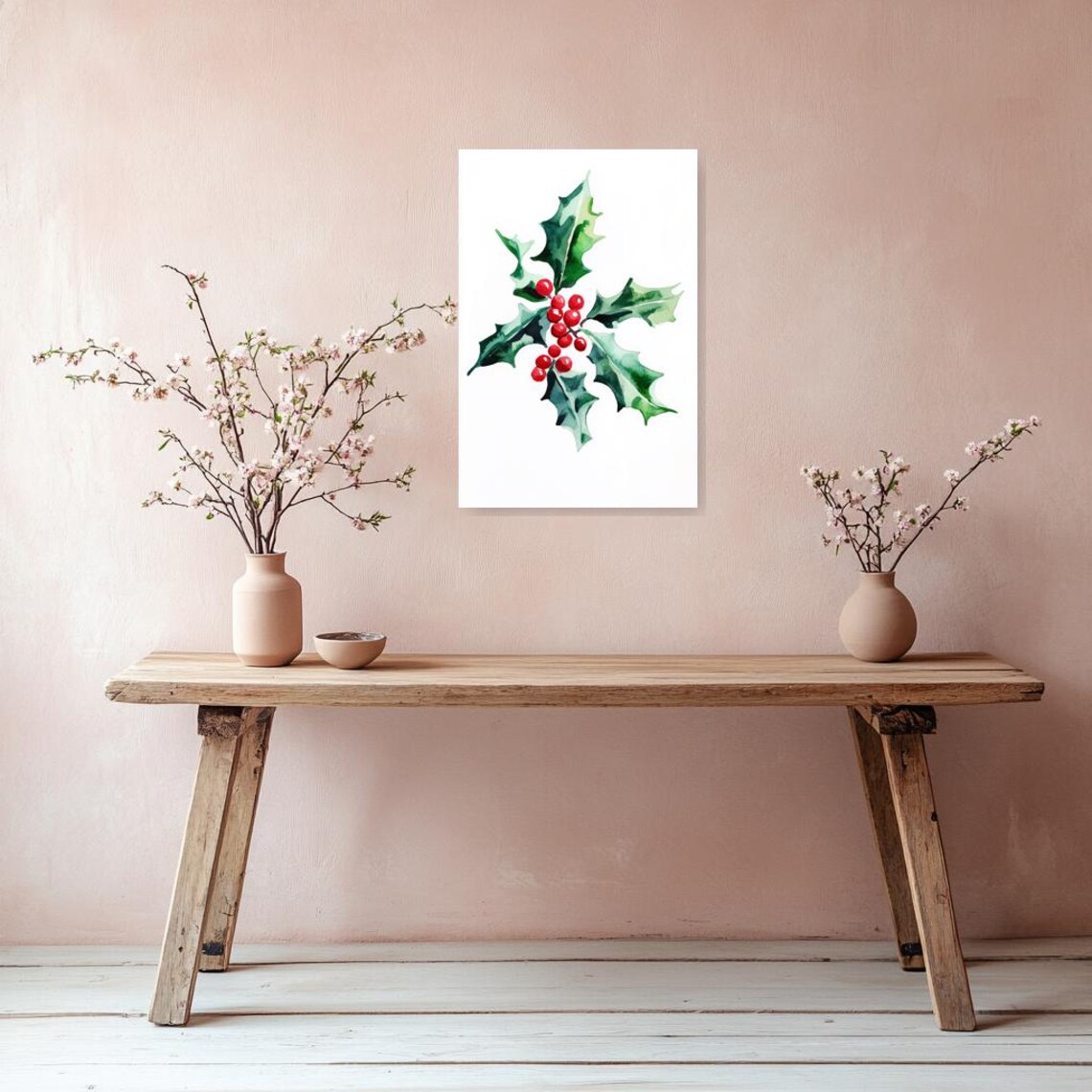 Watercolor Holly Leaves with Glossy Red Berries Botanical Holiday Poster - Image 3