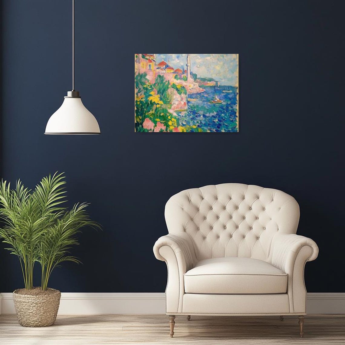Coastal Hillside Town With Blossom Trees Poster in Bright Oils - Image 3