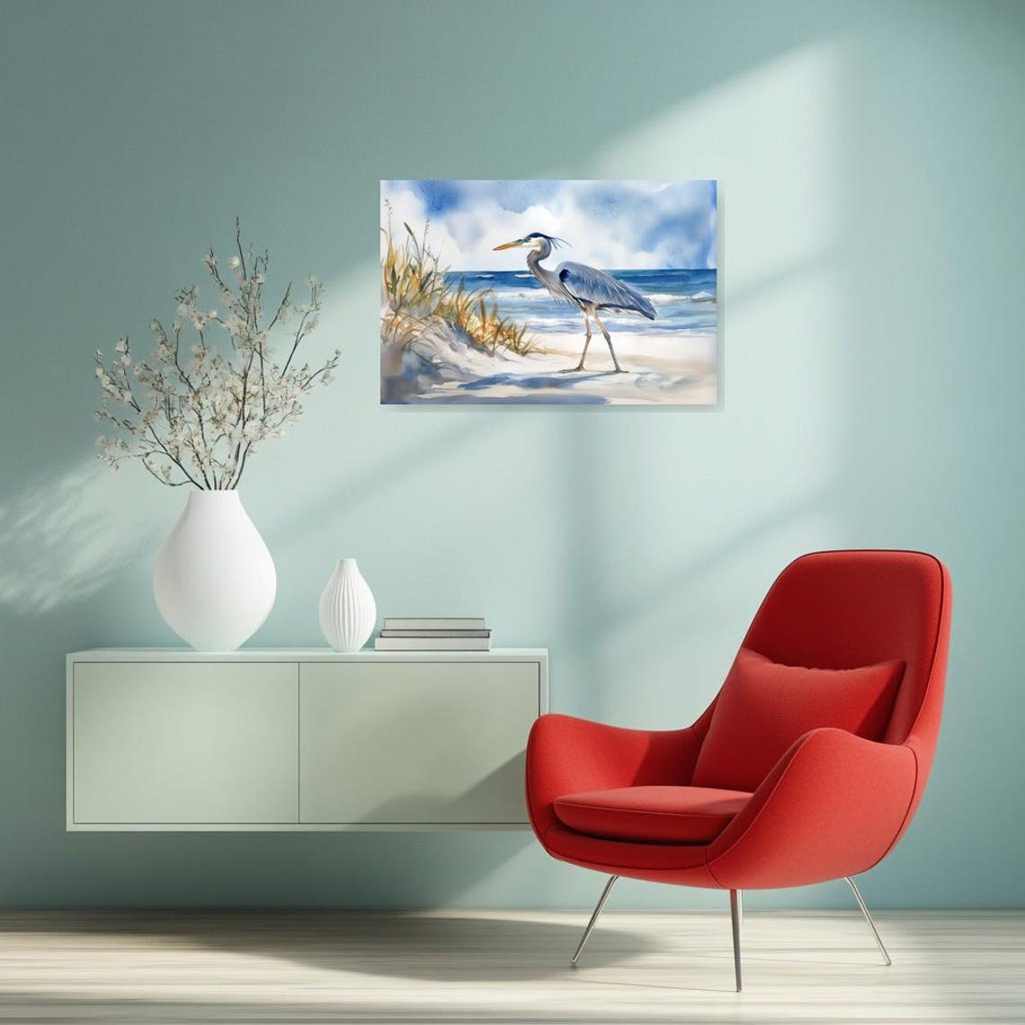 Great Blue Heron Watercolor Beach Shorebird Wildlife Scene Poster - Image 3