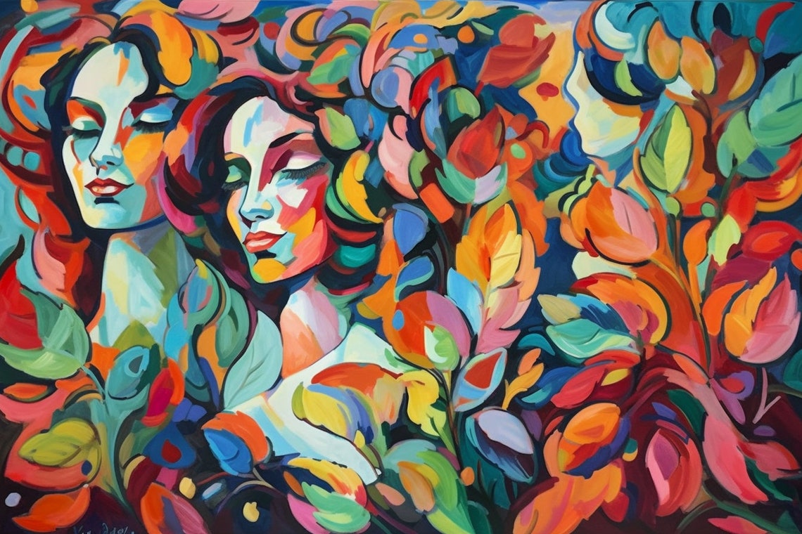 Dreamy Women Among Colorful Leaves Fauvist Faces Artwork Poster