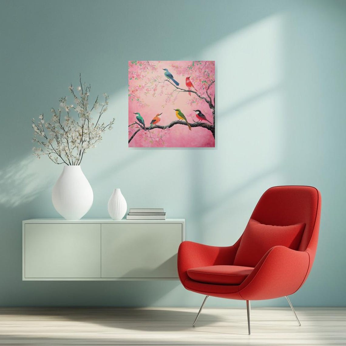 Six Colorful Songbirds Perched on Pink Cherry Blossom Branches Poster - Image 2