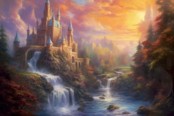 Fantasy Thomas Kinkade Fairytale Castle Print With Majestic Waterfall Custom Art Home Decor Dreamy Landscape