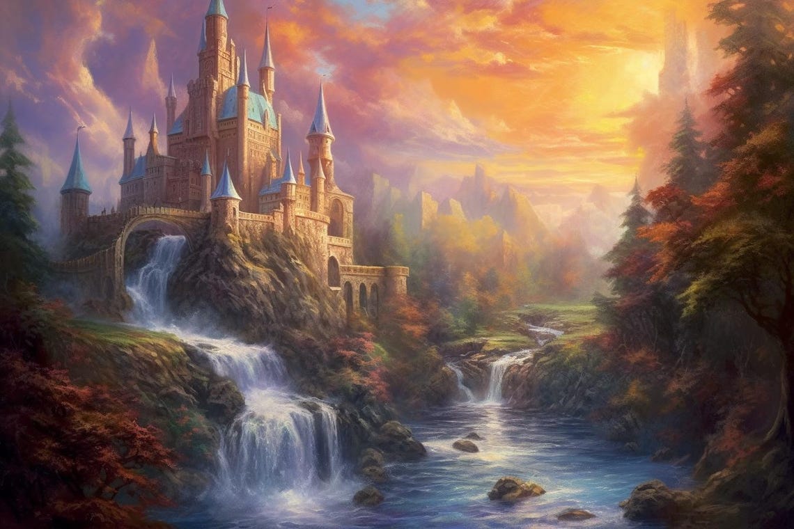 Fantasy Thomas Kinkade Fairytale Castle Print With Majestic Waterfall Custom Art Home Decor Dreamy Landscape
