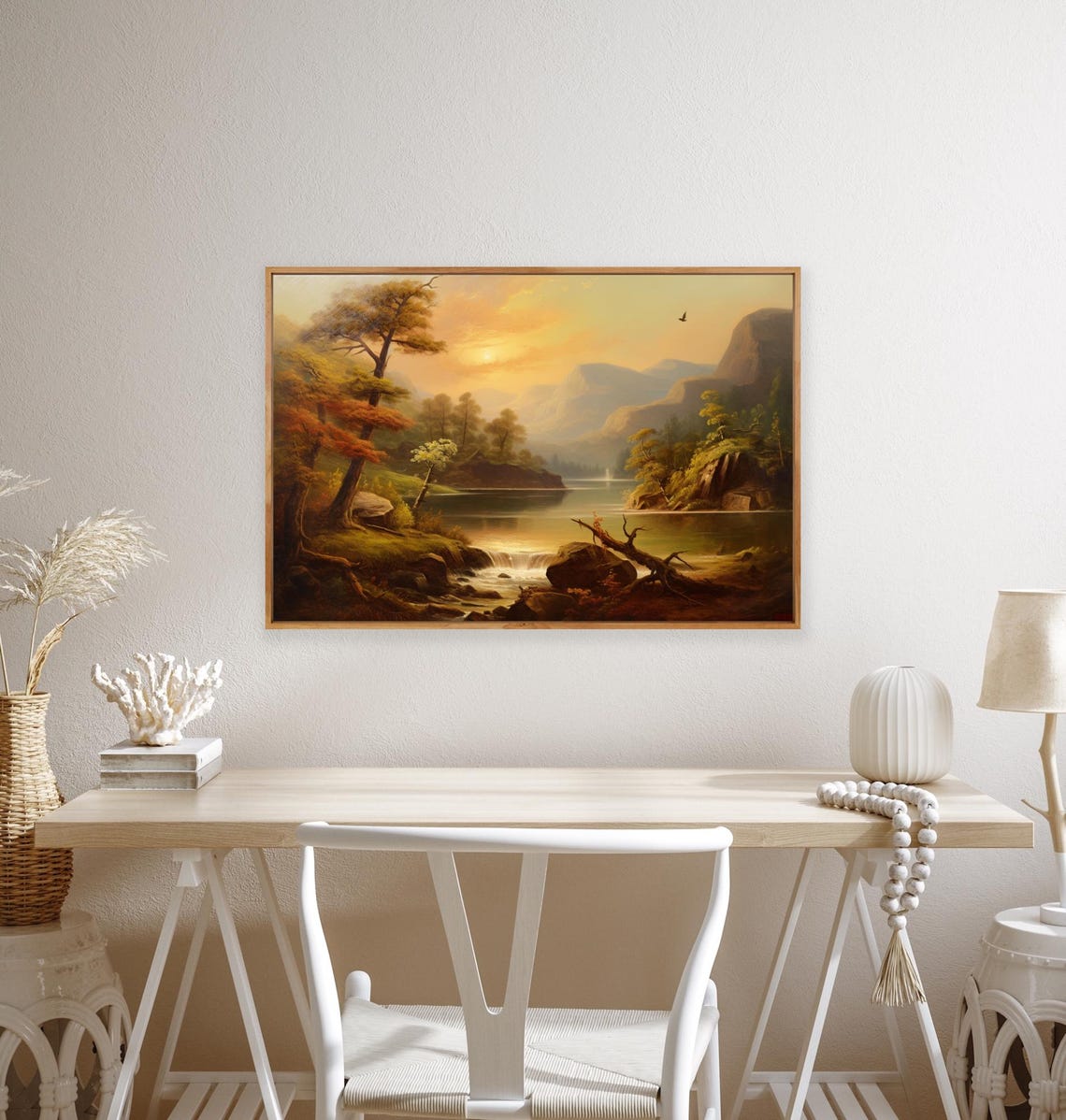Golden Sunset Lake Valley Autumn Trees Classic Landscape Poster - Image 2