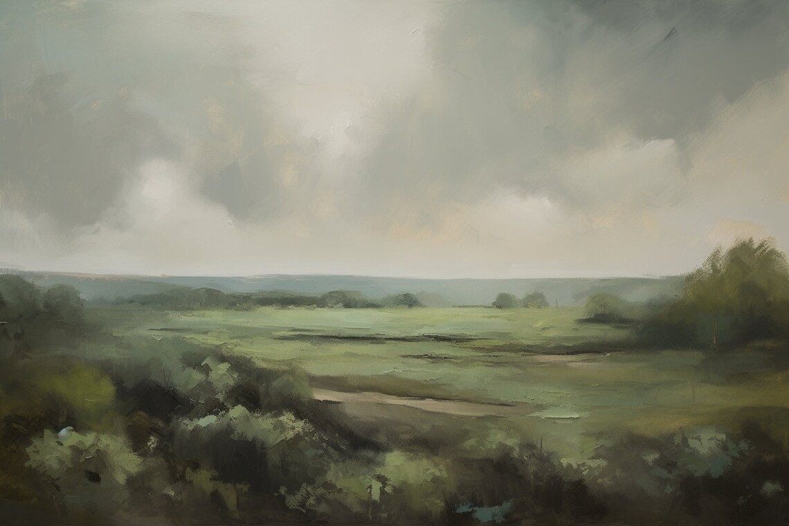 Green Fields Landscape, Muted Greens Fine Art