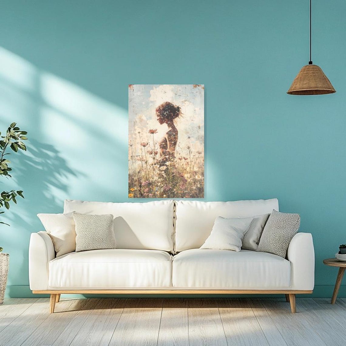 Floral Silhouette Woman Wildflower Meadow Impressionist Collage Poster - Image 3