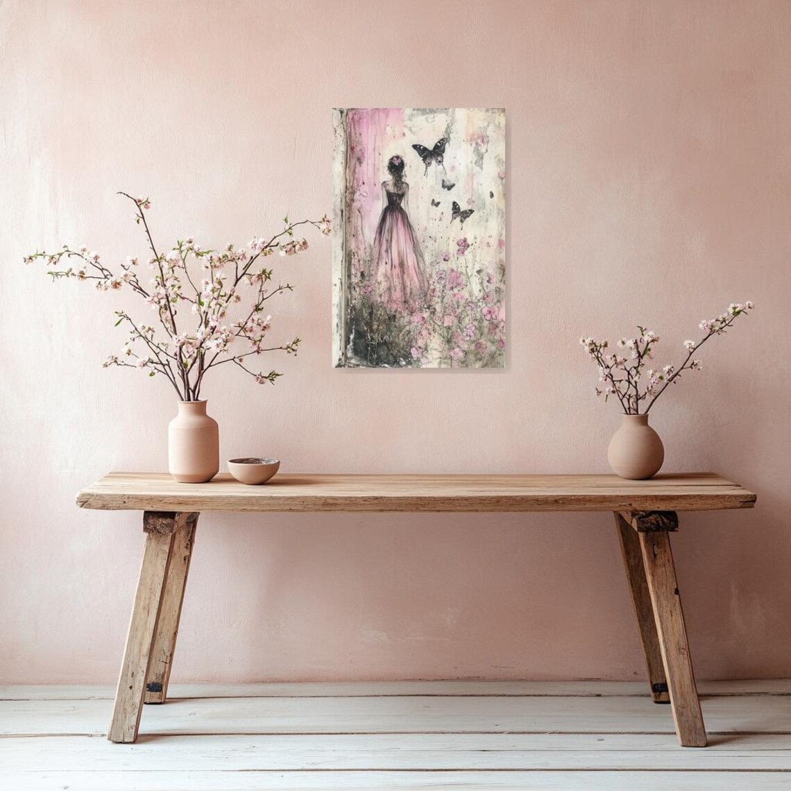Girl in a Flowing Pink Dress with Butterflies Fashion Poster - Image 2