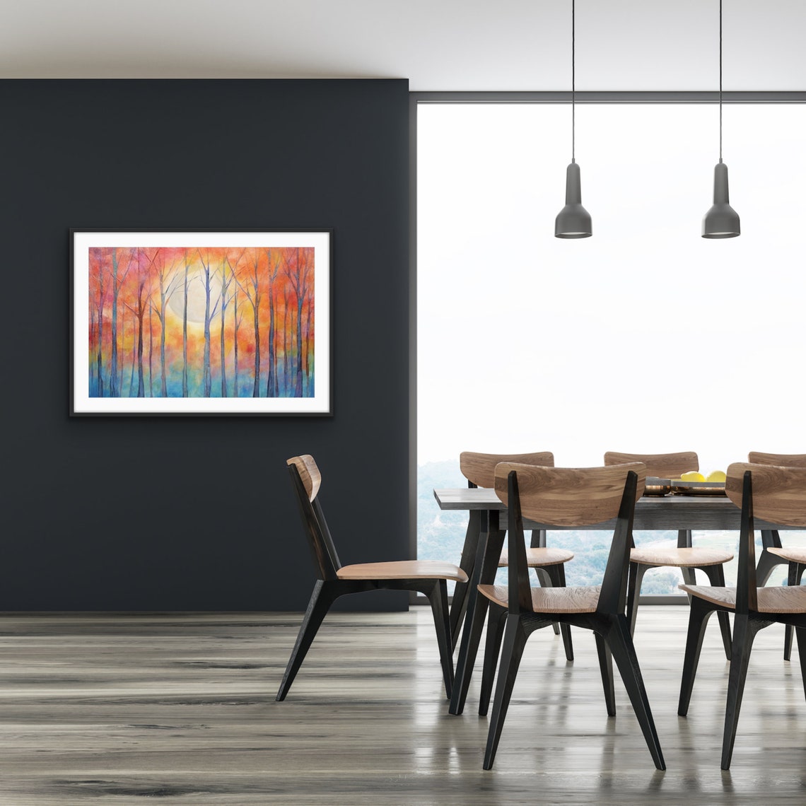 Ethereal Bare Trees at Sunset with Glowing Sun Watercolor Art Poster - Image 2