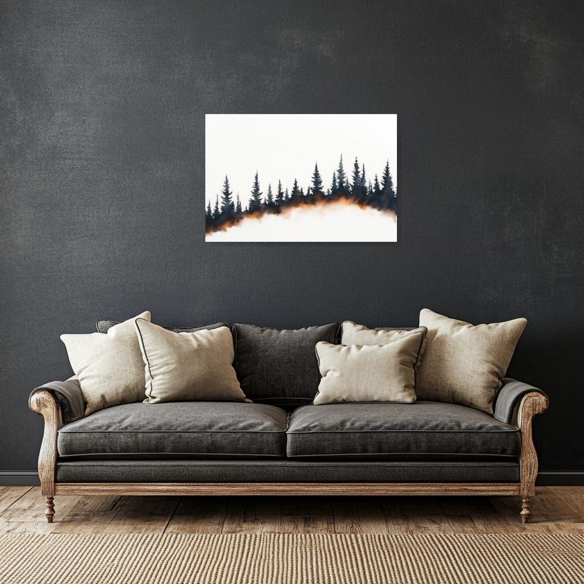 Black Pine Forest Fog Silhouette Minimal Watercolor Landscape Poster - Image 3