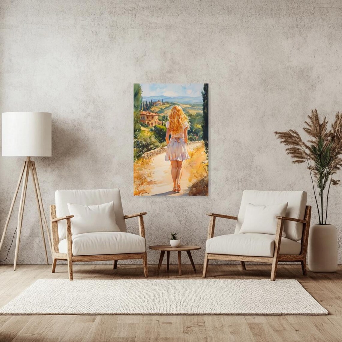 Woman Walking Toward a Tuscan Hill Town Watercolor Scene Poster - Image 2