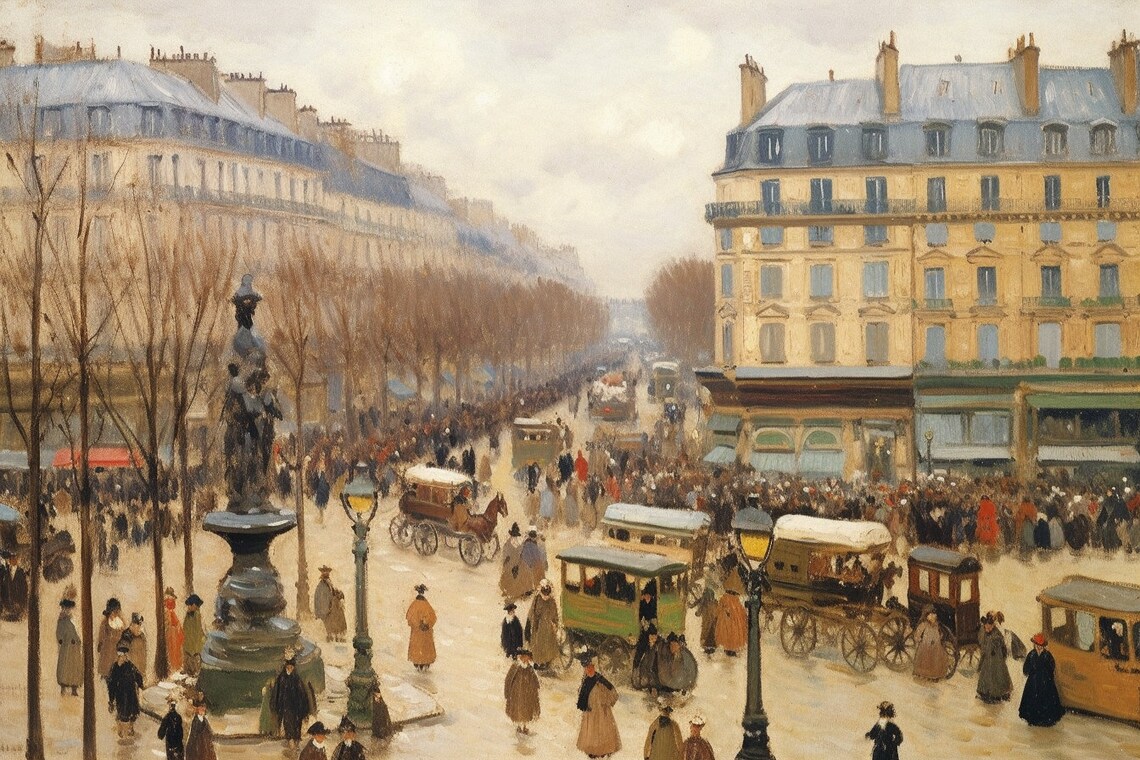 Busy Parisian Town Square Horse Carriages Vintage Street Poster