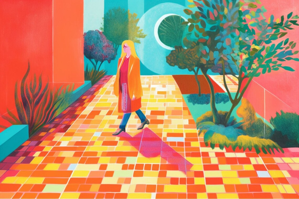 Woman Walking by the Pool in Vibrant Pop Art Courtyard Painting Poster