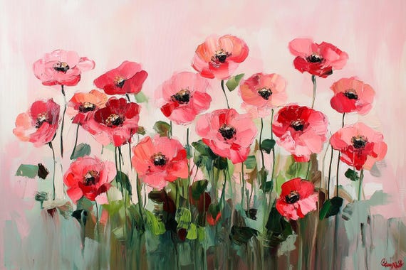 Floral Print Inspired By Monets Impressionism Pink Red Poppies Modern Wall Art Home Decor Bold Colors