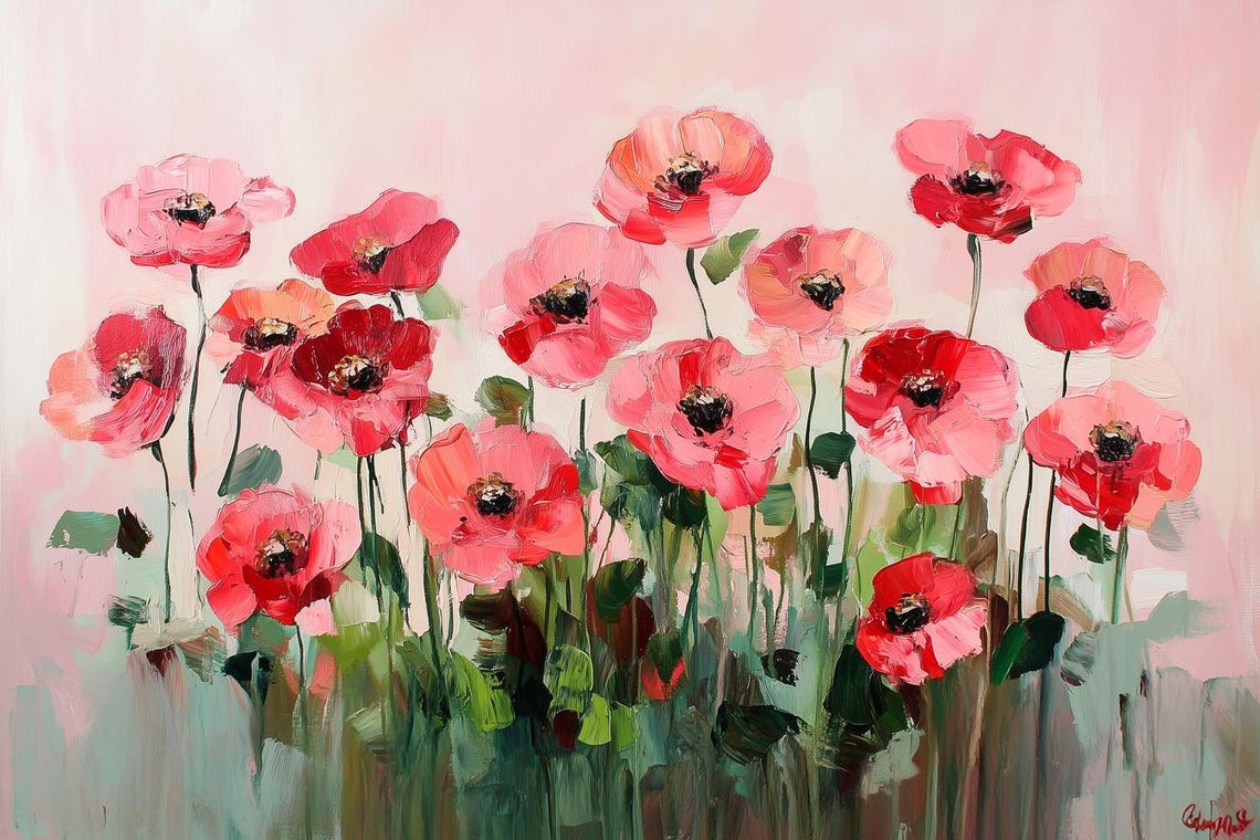 Floral Print Inspired By Monets Impressionism Pink Red Poppies Modern Wall Art Home Decor Bold Colors